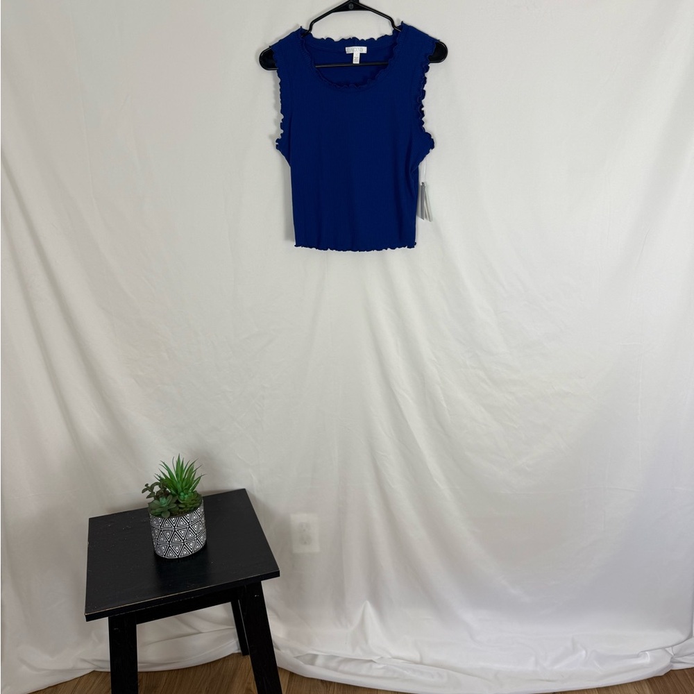 Abound Ribbed Ruffle Trim Sleeveless Cropped Tank Top - Size Small - Blue Surf